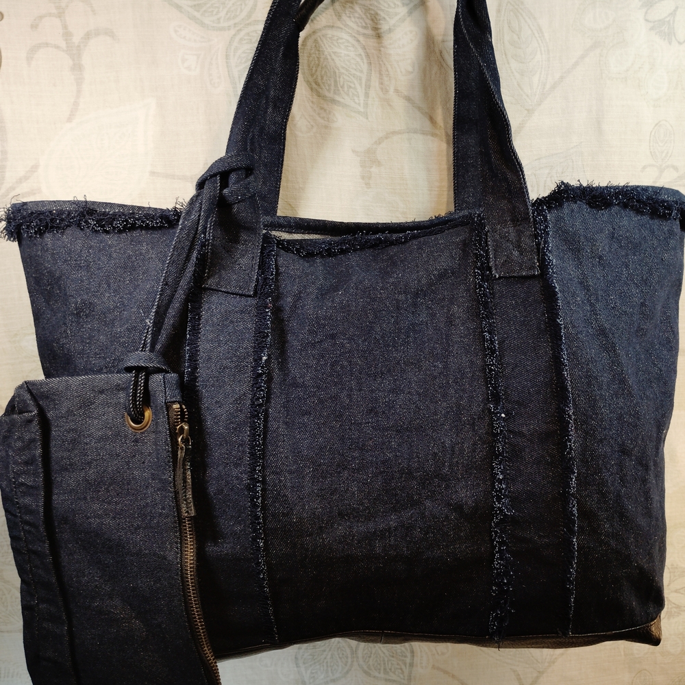 Denim Fringe Tote Bag - Navy Blue